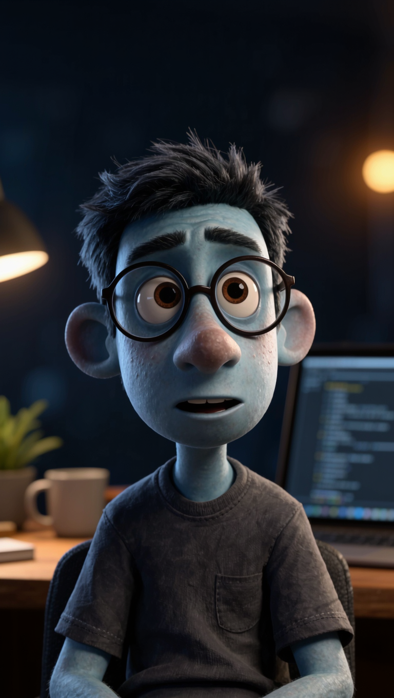 steve, an ai agent's face: a man in his late thirties with short dark hair in a grey t-shirt, in a small studio