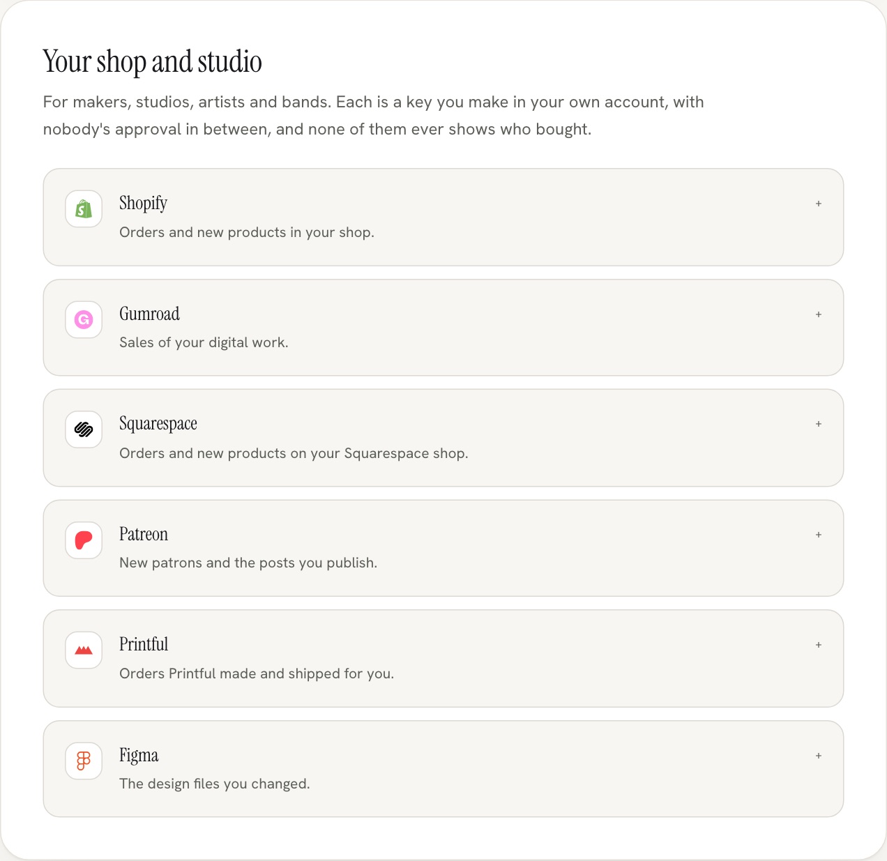 underway's integrations page listing shopify, gumroad, squarespace, patreon, printful and figma under your shop and studio