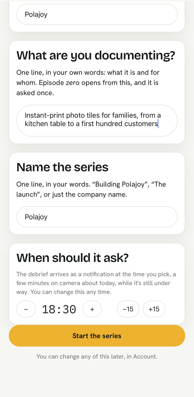 The setup screen: what it’s called, what you are documenting in one line, the series name, and when it should ask