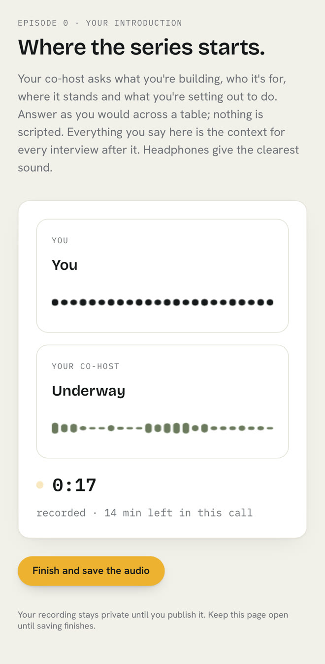 The co-host call in progress: two voices, a running clock, Finish and save the audio