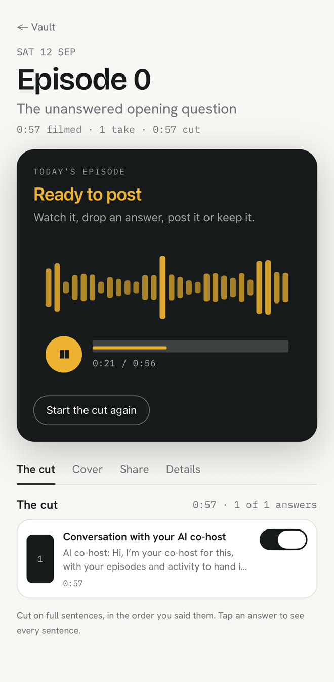 The episode page: Ready to post, the gold wave playing, and the tabs The cut, Cover, Share, Details
