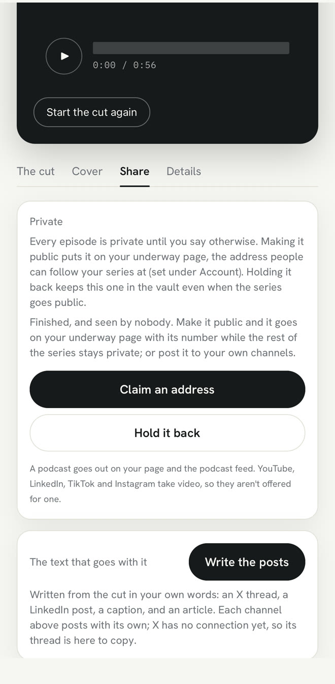 The Share tab: Private, with Claim an address and Hold it back, and the text that goes with the episode