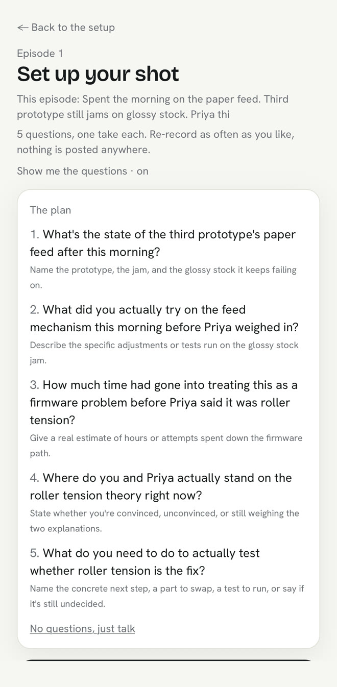 The plan: five questions written from the note, each with a line on what to name
