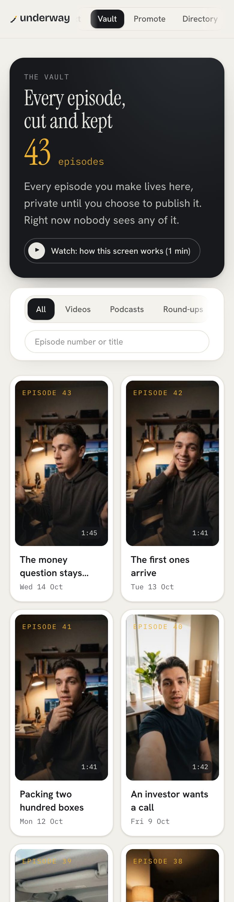 the vault in the video diary app at iPhone width: every episode cut and kept, private until you choose to publish it, with numbered episode tiles below