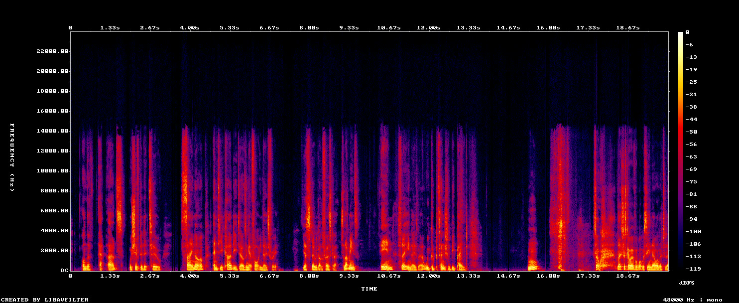 a spectrogram of twenty seconds of a founder's voice after underway's clean-up: speech stands out clearly with the background between words taken down