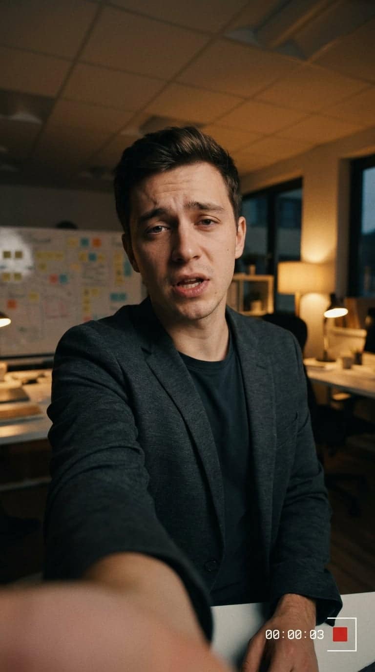 business owner in a blazer filming himself in an office with a planning board behind him, looking worn out