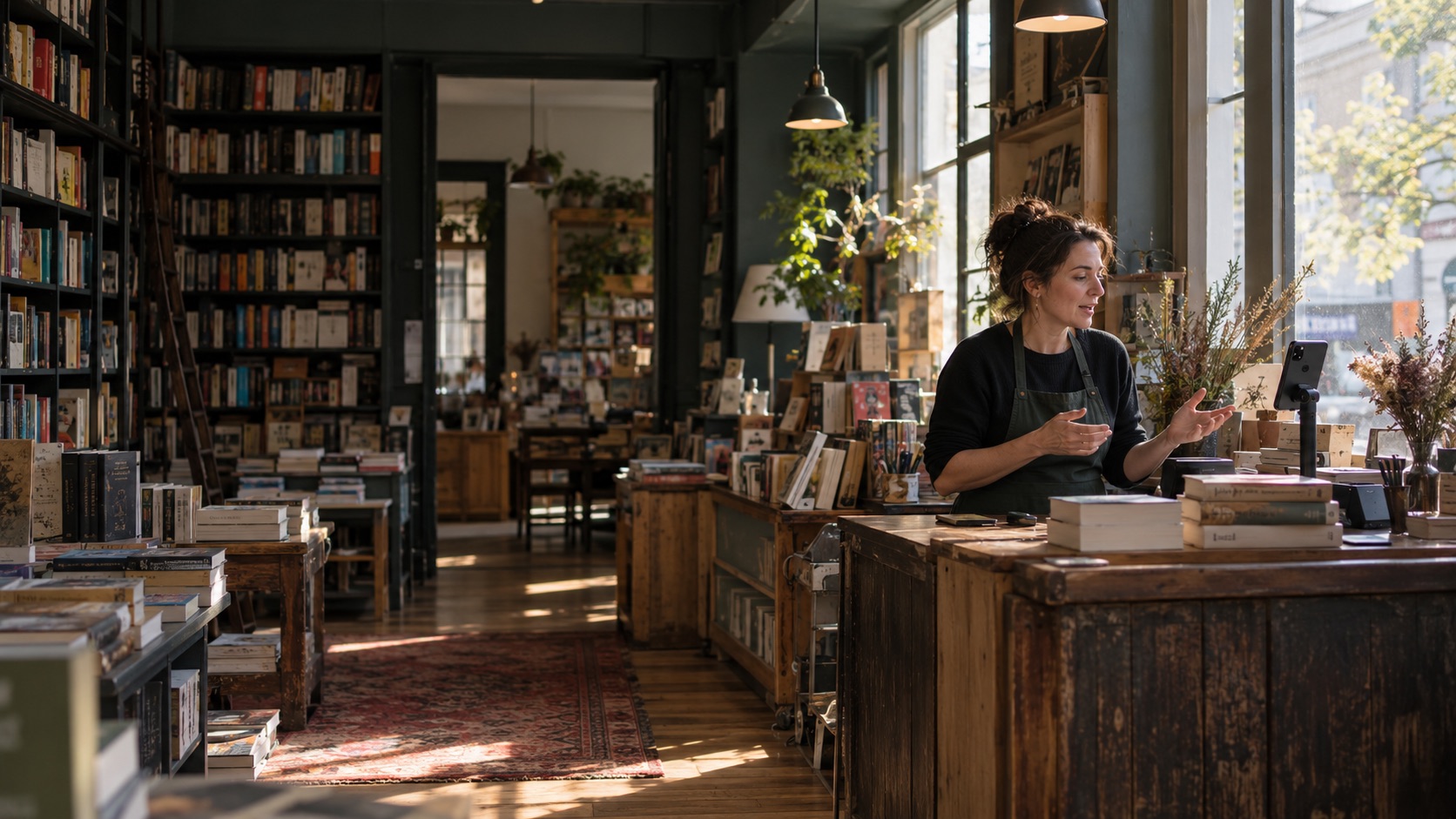An illustration of a bookshop owner at her counter, talking to a phone on a stand