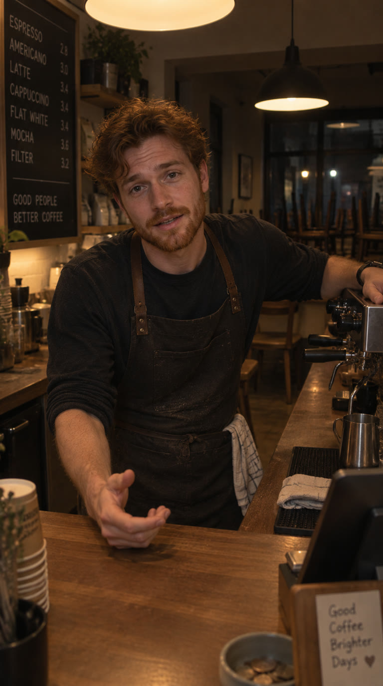 A café owner behind the counter after closing, talking to the phone by the till
