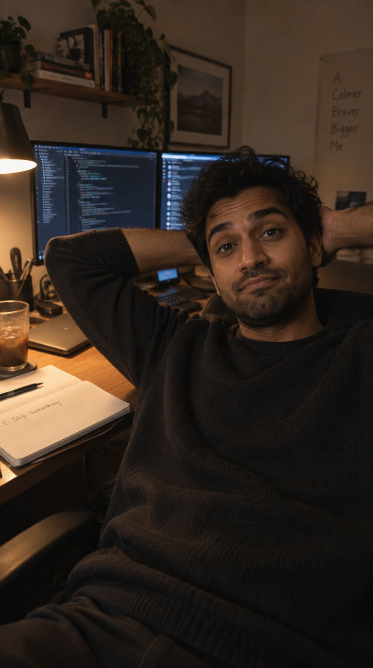 A founder sat back from two monitors at night, hands behind his head, stuck for what to say