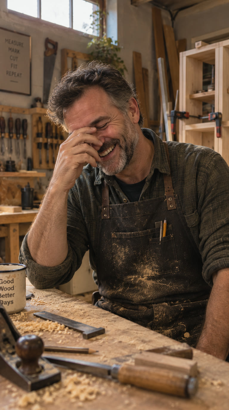 A joiner in his workshop, laughing at himself mid-sentence