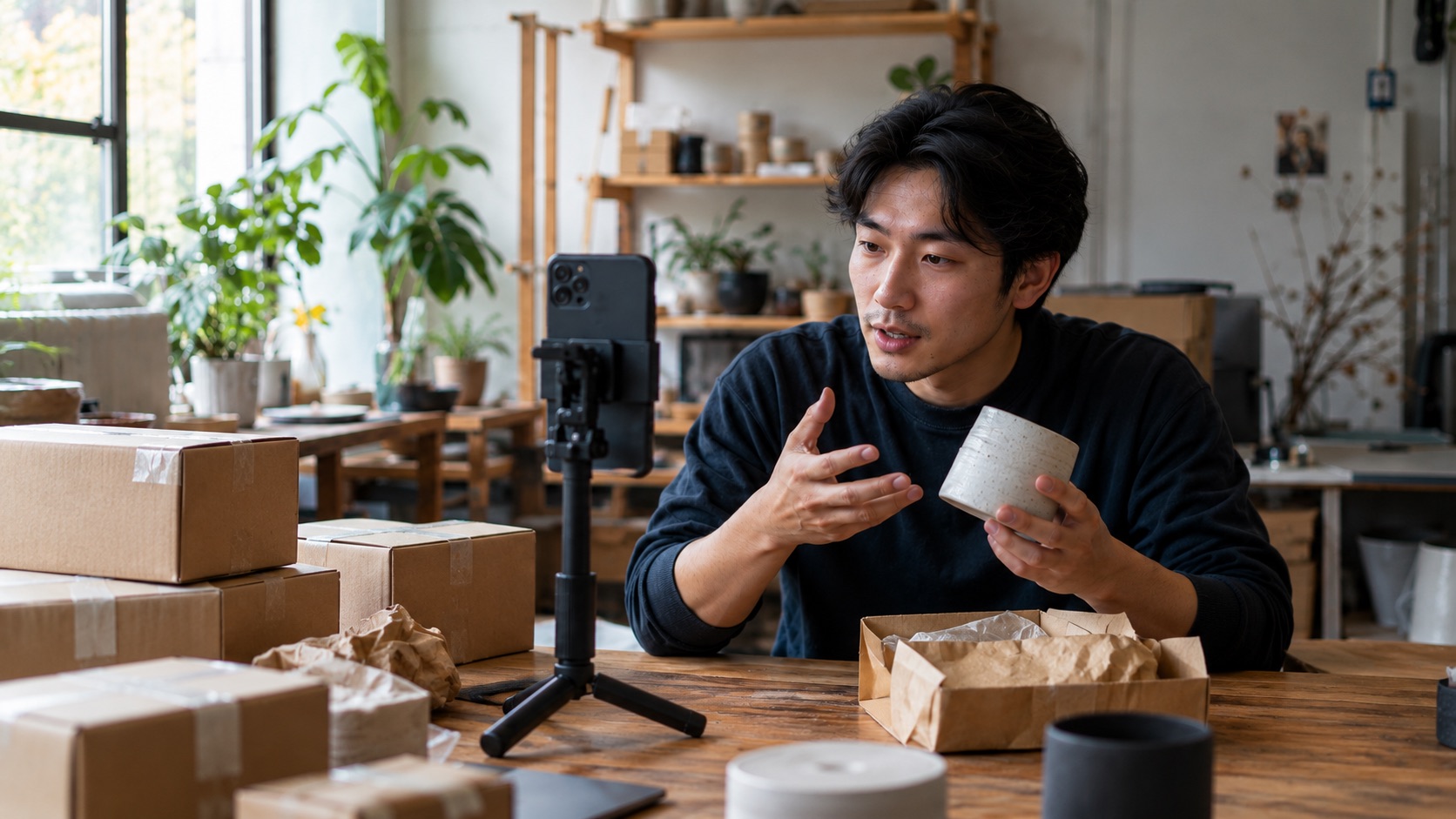 a ceramics maker filming a small business vlog on a phone tripod at a packing table, holding a cup among parcels