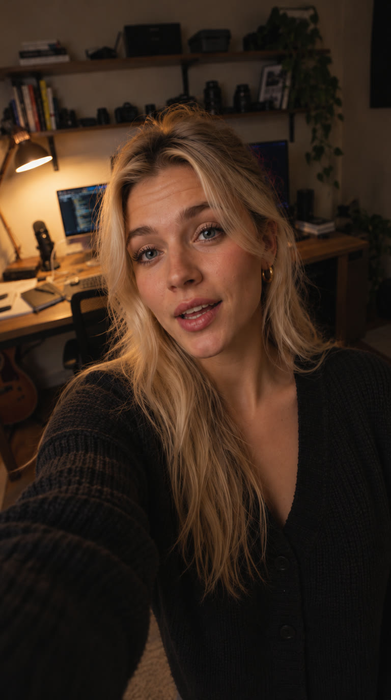 founder filming a quick selfie video at a home desk, mid-sentence, no lighting setup