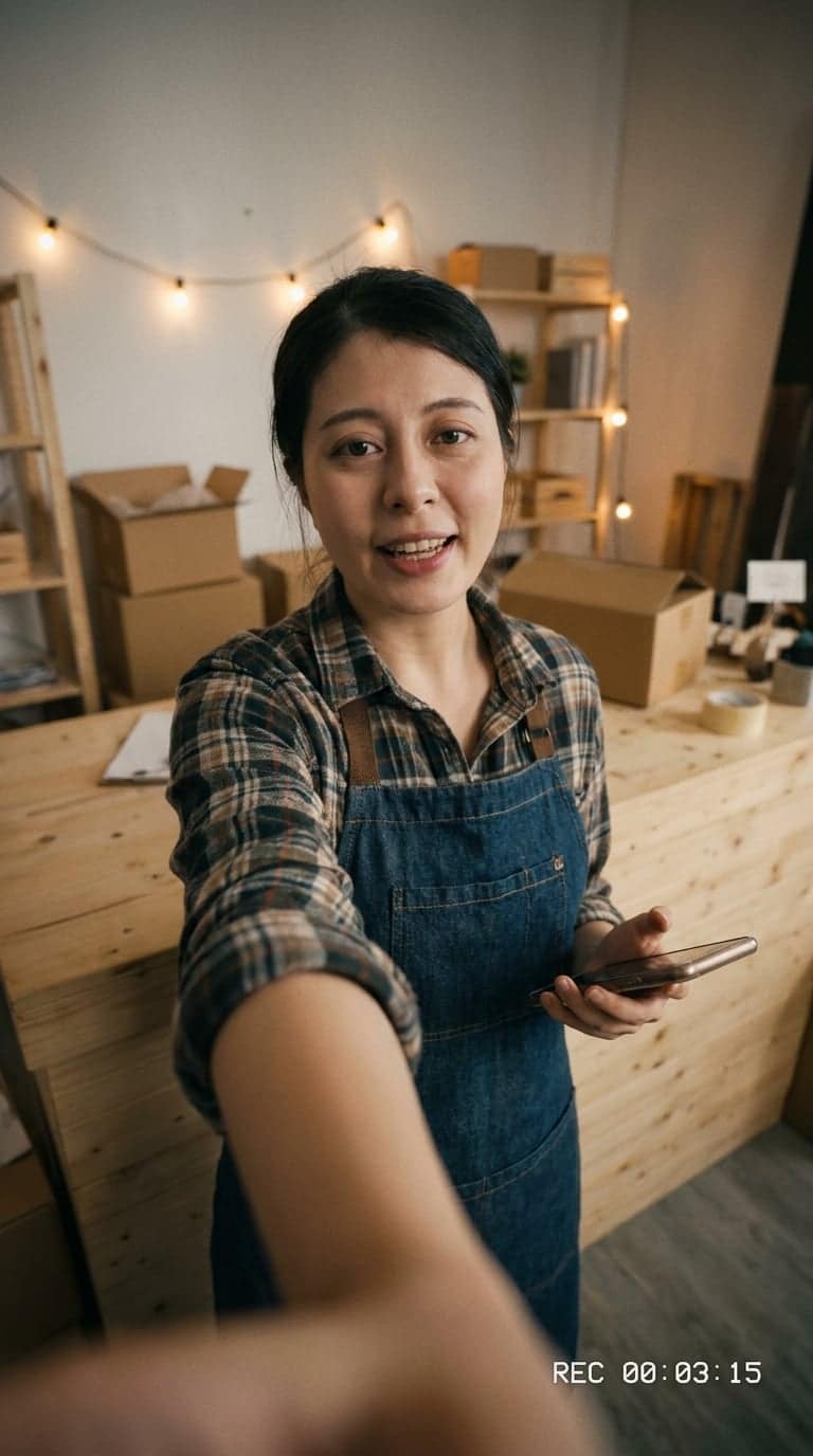 A shop owner talking to a phone propped on the counter, hands free