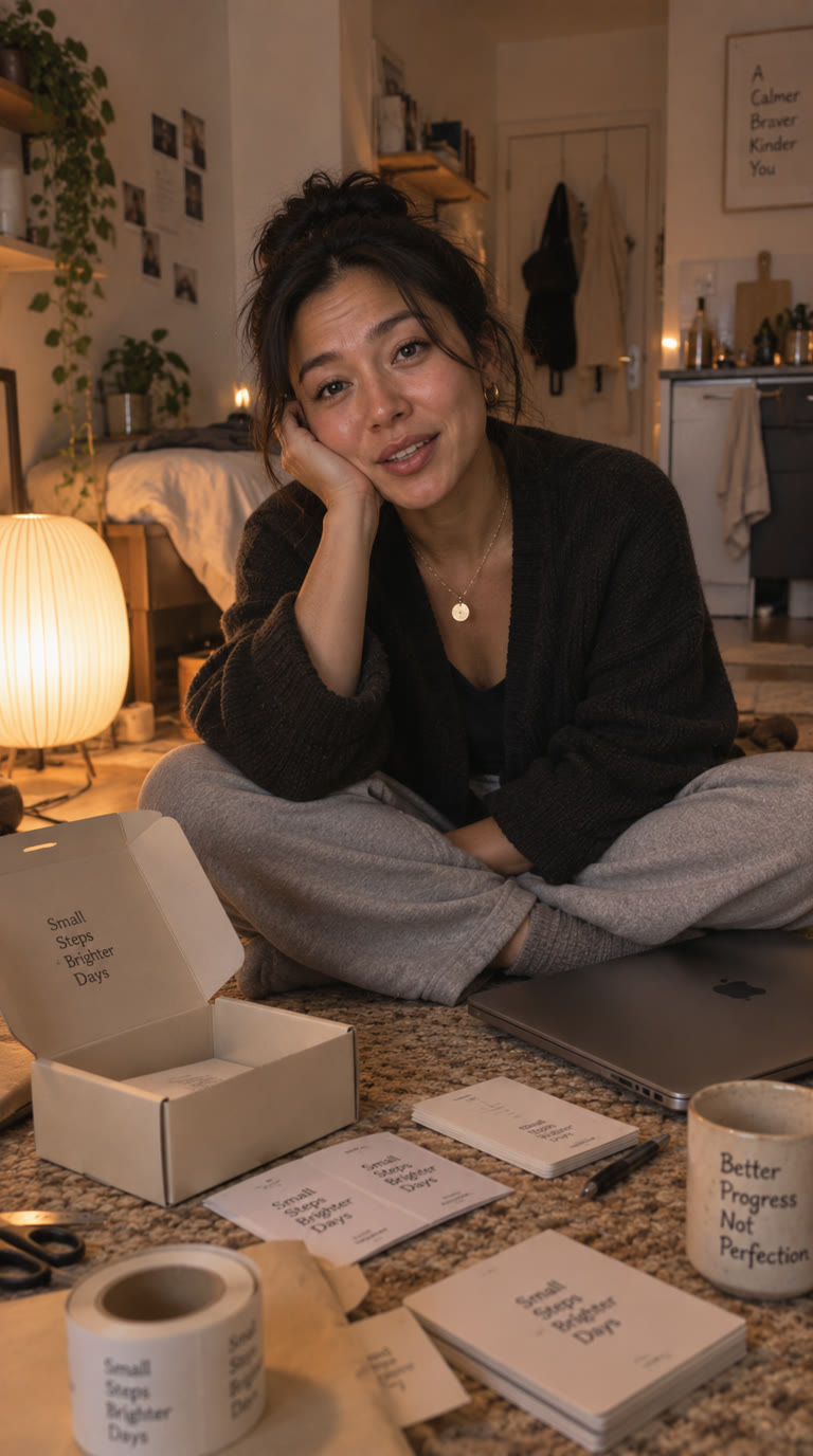 A founder on the floor of a small flat, prototype boxes around her, talking to the phone