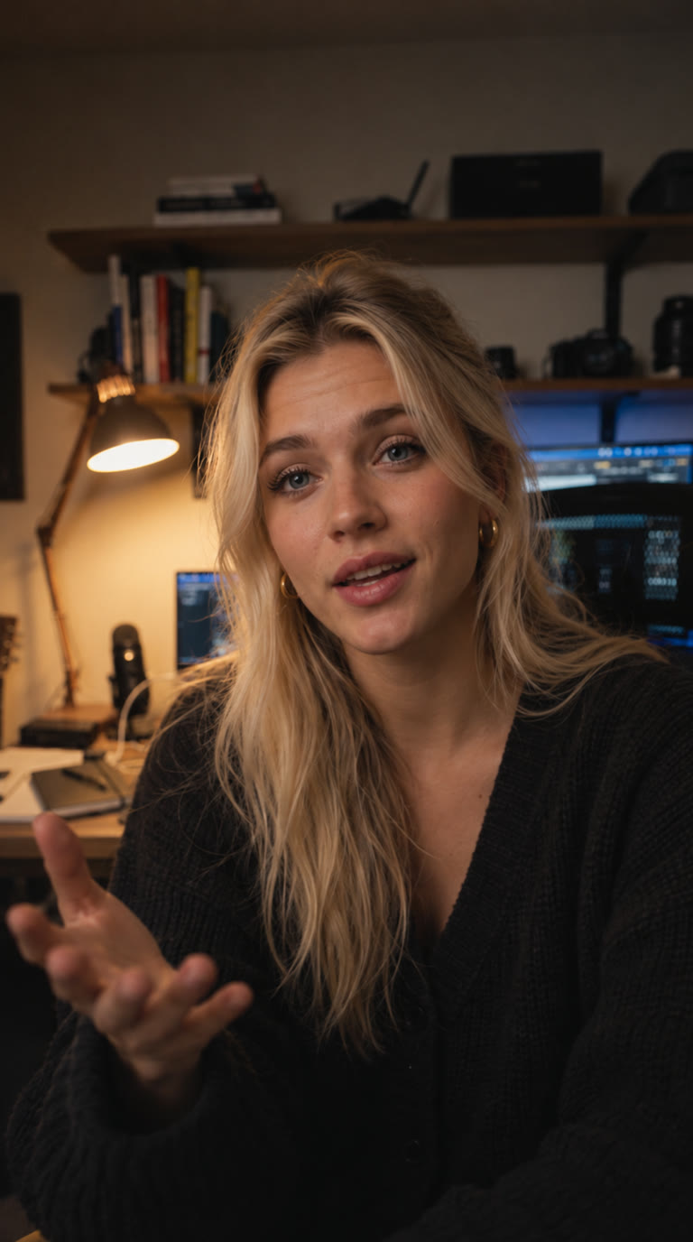 A founder mid-sentence at her desk, recording today's episode