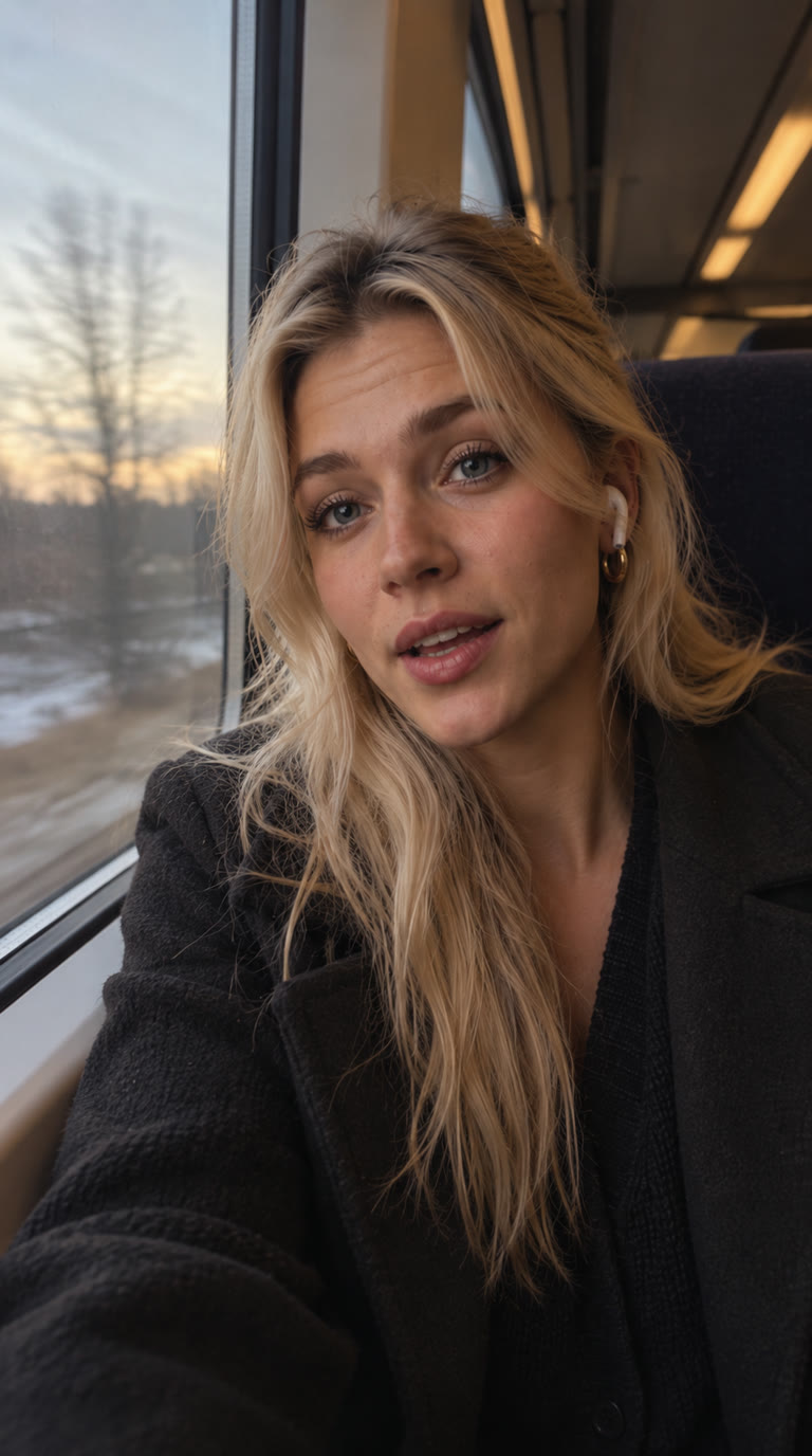 a founder on a train wearing earbuds, answering interview questions for a self interview podcast