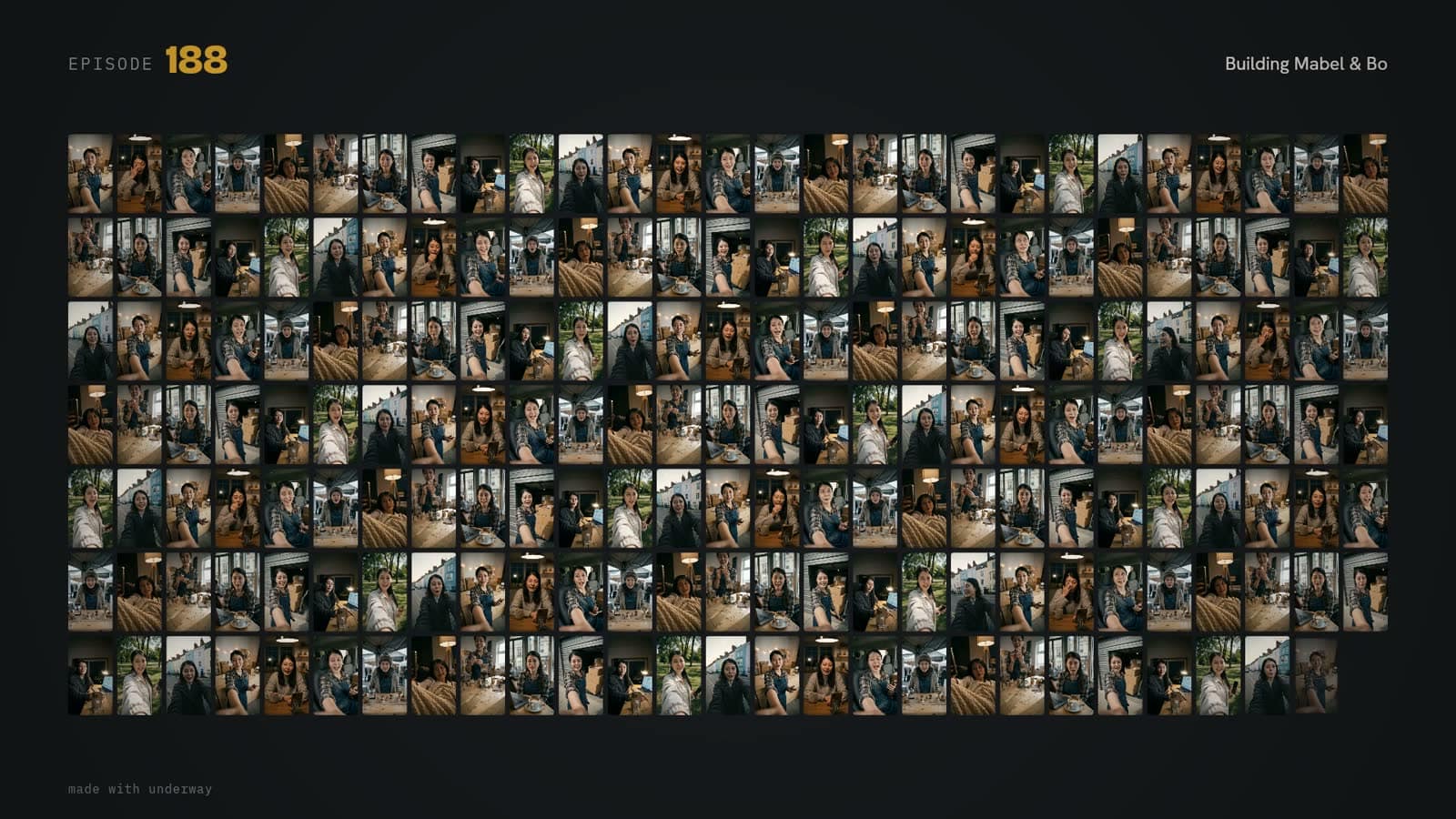 a grid of well over a hundred small episode stills of one founder filming in different rooms, with episode 188 in gold and made with underway