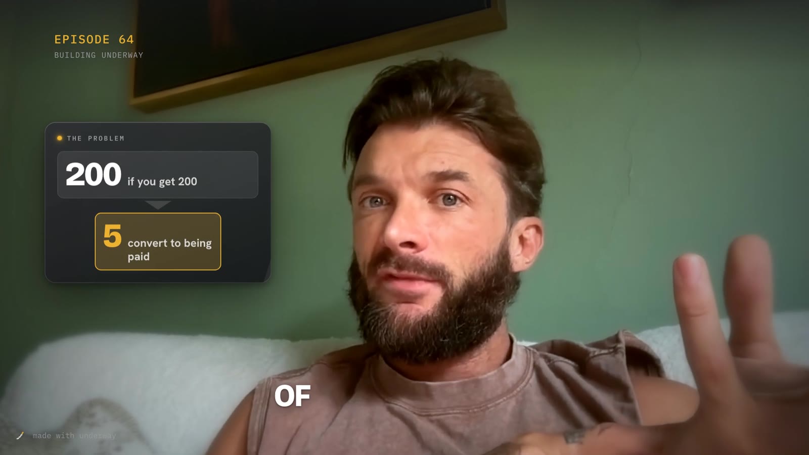 Rich talking to camera with a funnel card beside him: 200 if you get 200 at the top, narrowing to 5 convert to being paid in yellow
