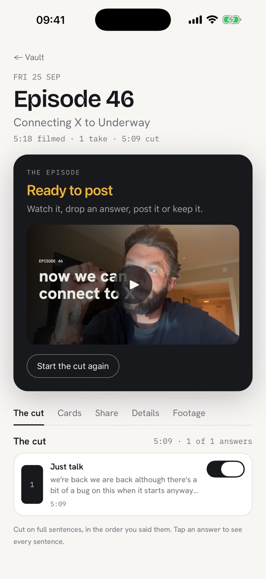a founder video made without editing, on its episode page on a phone: episode 46, ready to post, cut on full sentences in the order you said them