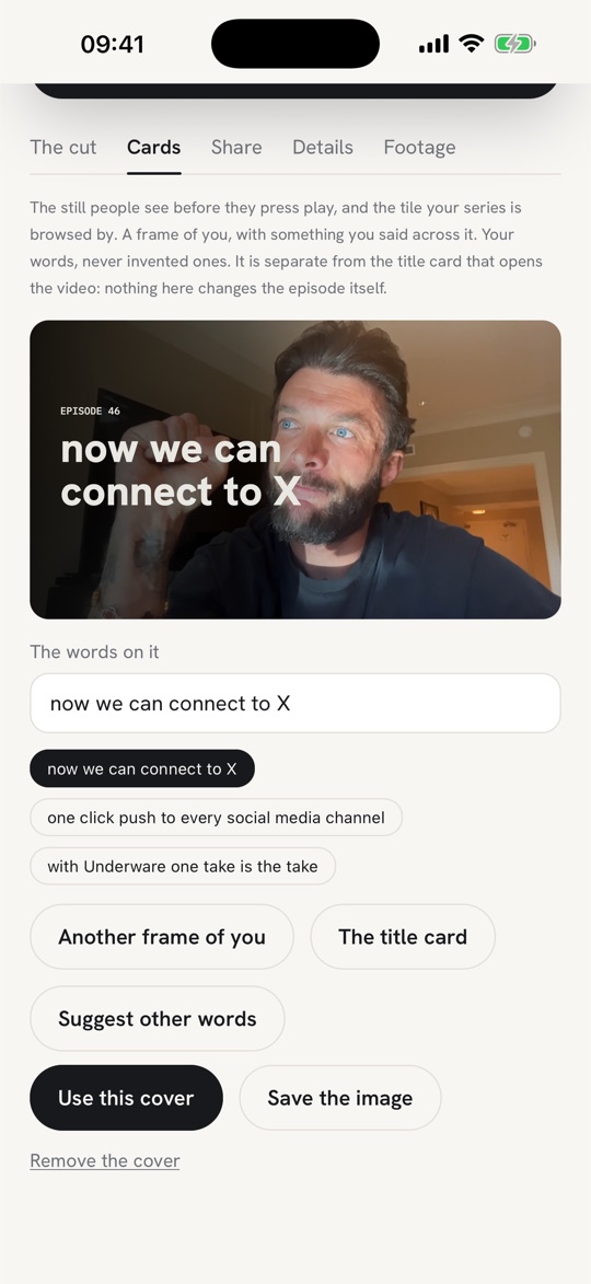 choosing an instagram reel cover in underway: a frame of the founder with "now we can connect to X" across it and other lines he said to choose from