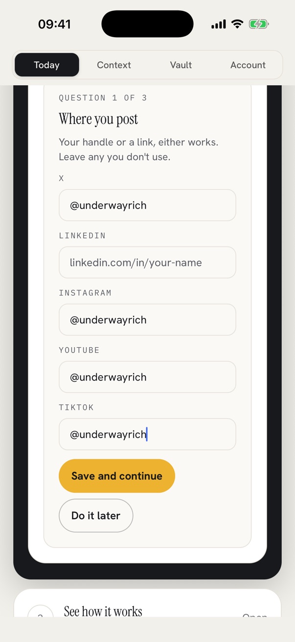 Your marketing brief, question 1 of 3, Where you post: X, Instagram, YouTube and TikTok filled in as @underwayrich