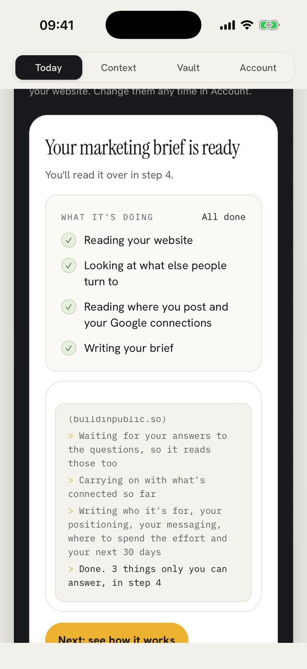 Your marketing brief is ready: a checklist of what it did, all done, and its live log