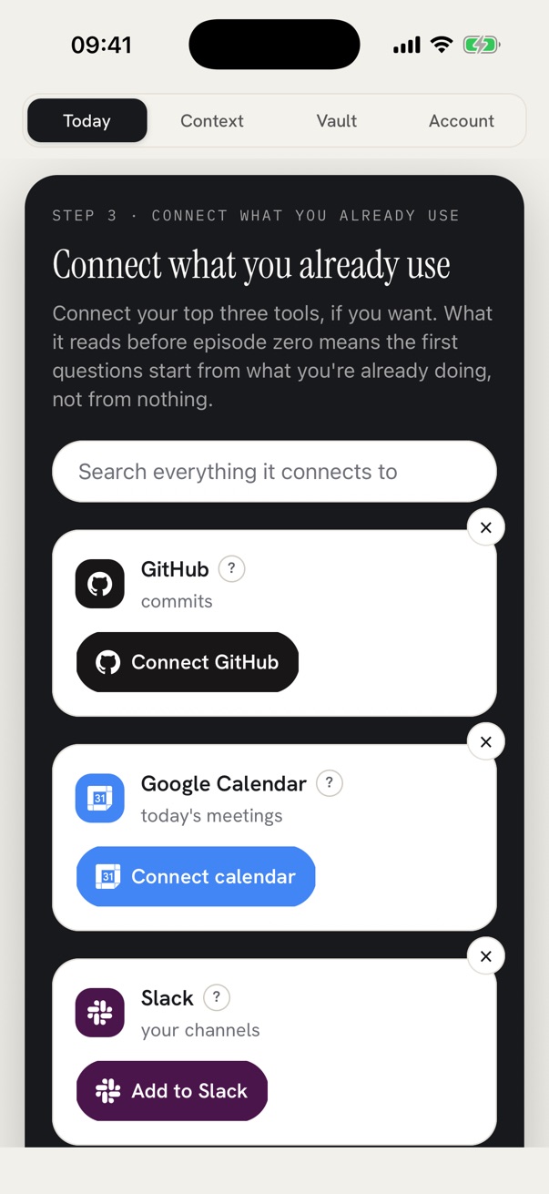 Step 3, Connect what you already use: GitHub, Google Calendar and Slack, and a search of everything it connects to