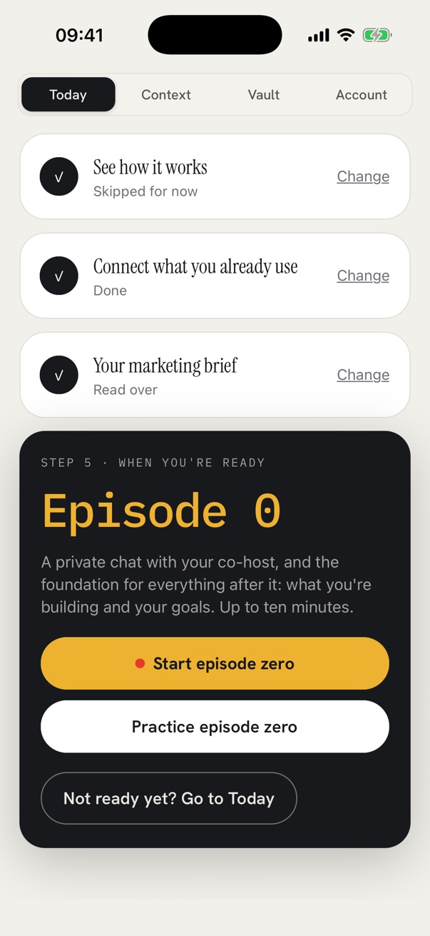 Steps 1 to 4 ticked, then Step 5, Episode 0, with Start episode zero, Practice episode zero and Not ready yet? Go to Today