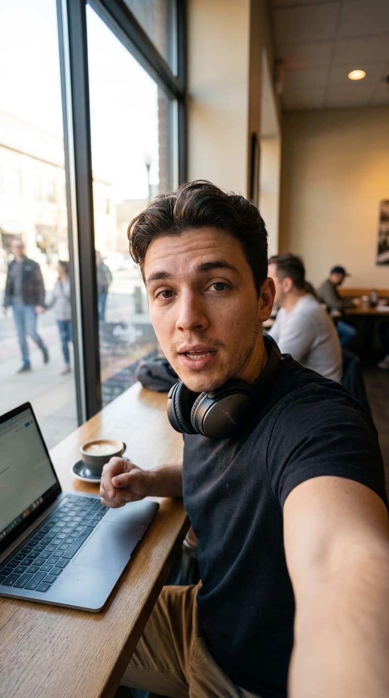 A founder recording an episode at a café table after closing