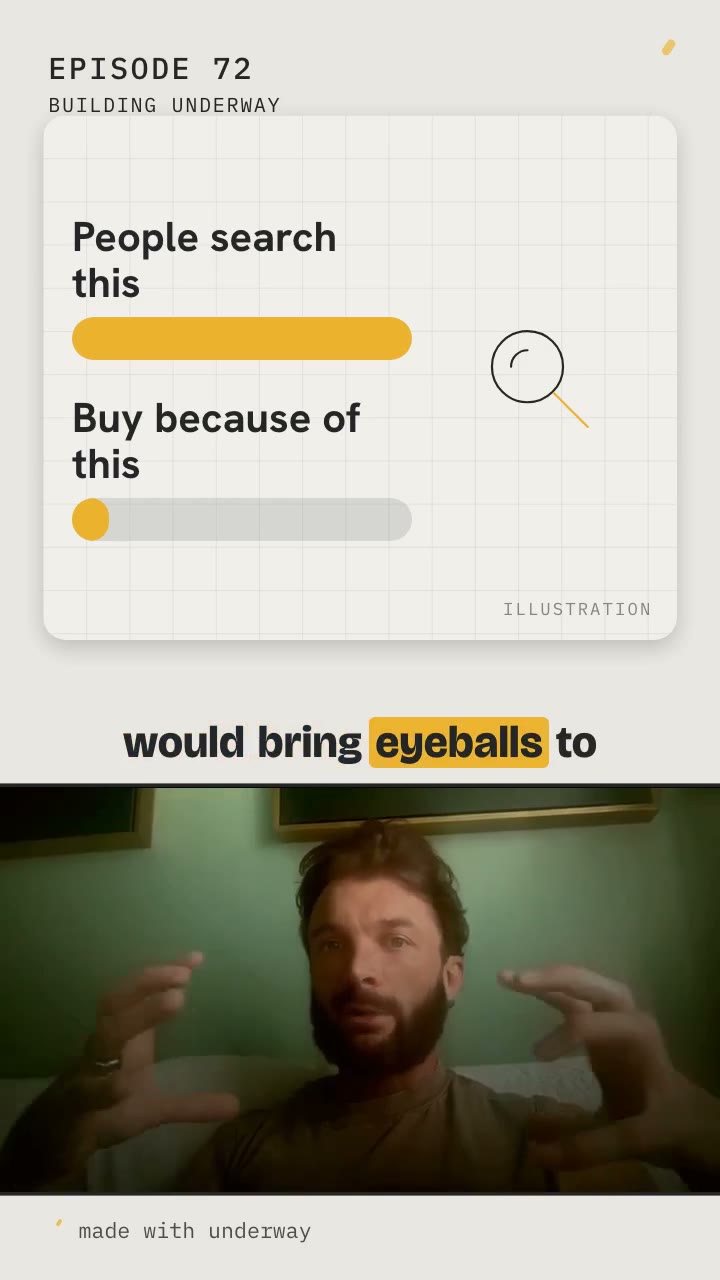 a vertical short split in two: bars for people search this against buy because of this, with a drawn magnifying glass, captions across the middle and the founder below
