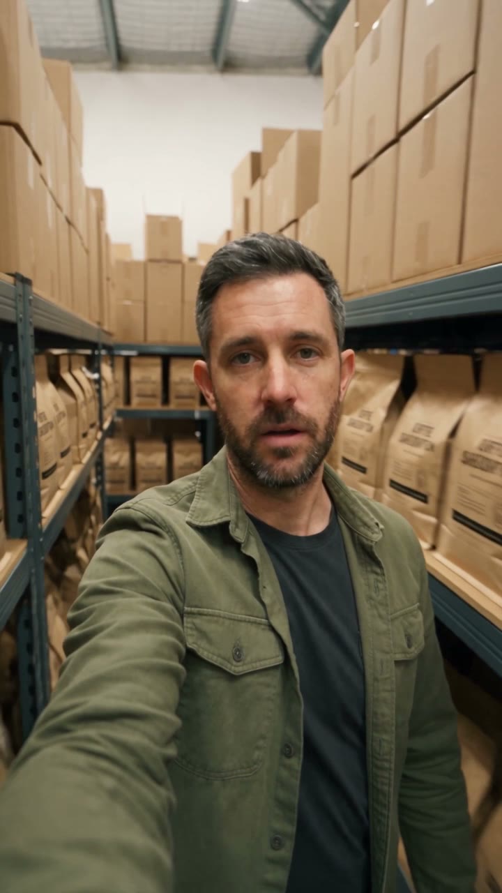 A coffee subscription founder filming an episode between the shelves of his warehouse