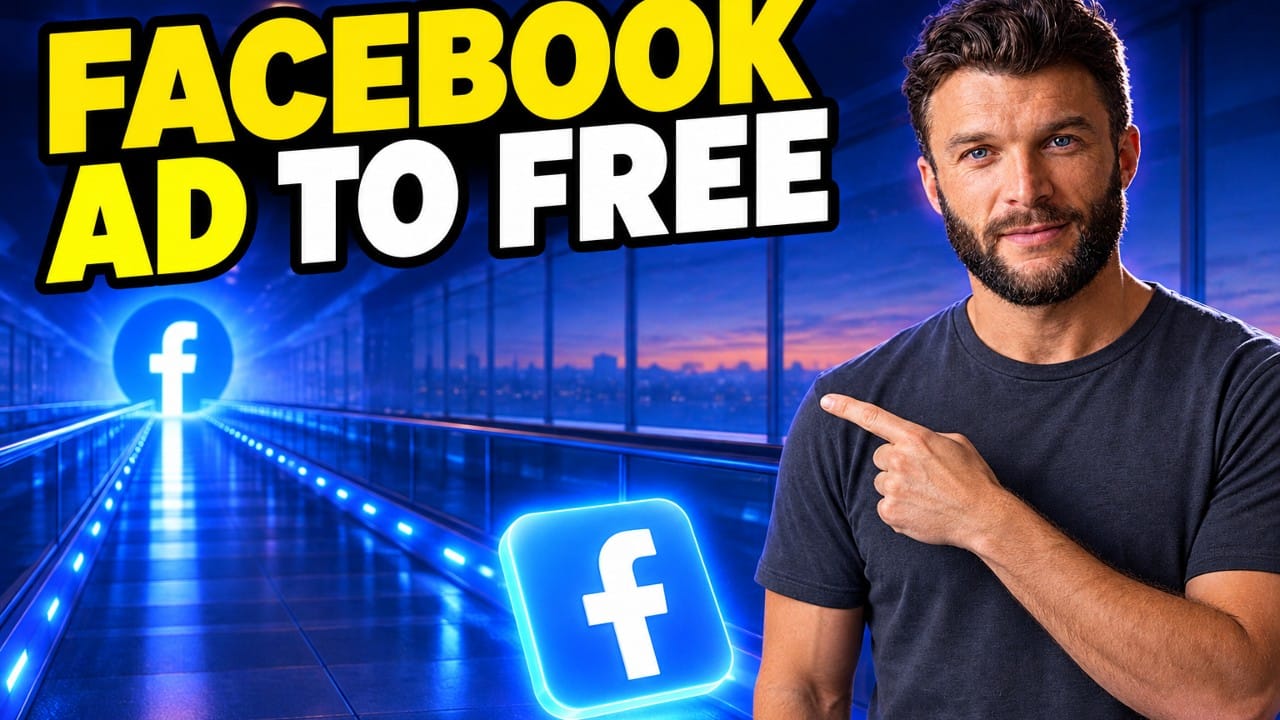 A YouTube thumbnail: the founder pointing at a glowing Facebook logo at the end of a lit road, with the words Facebook ad to free